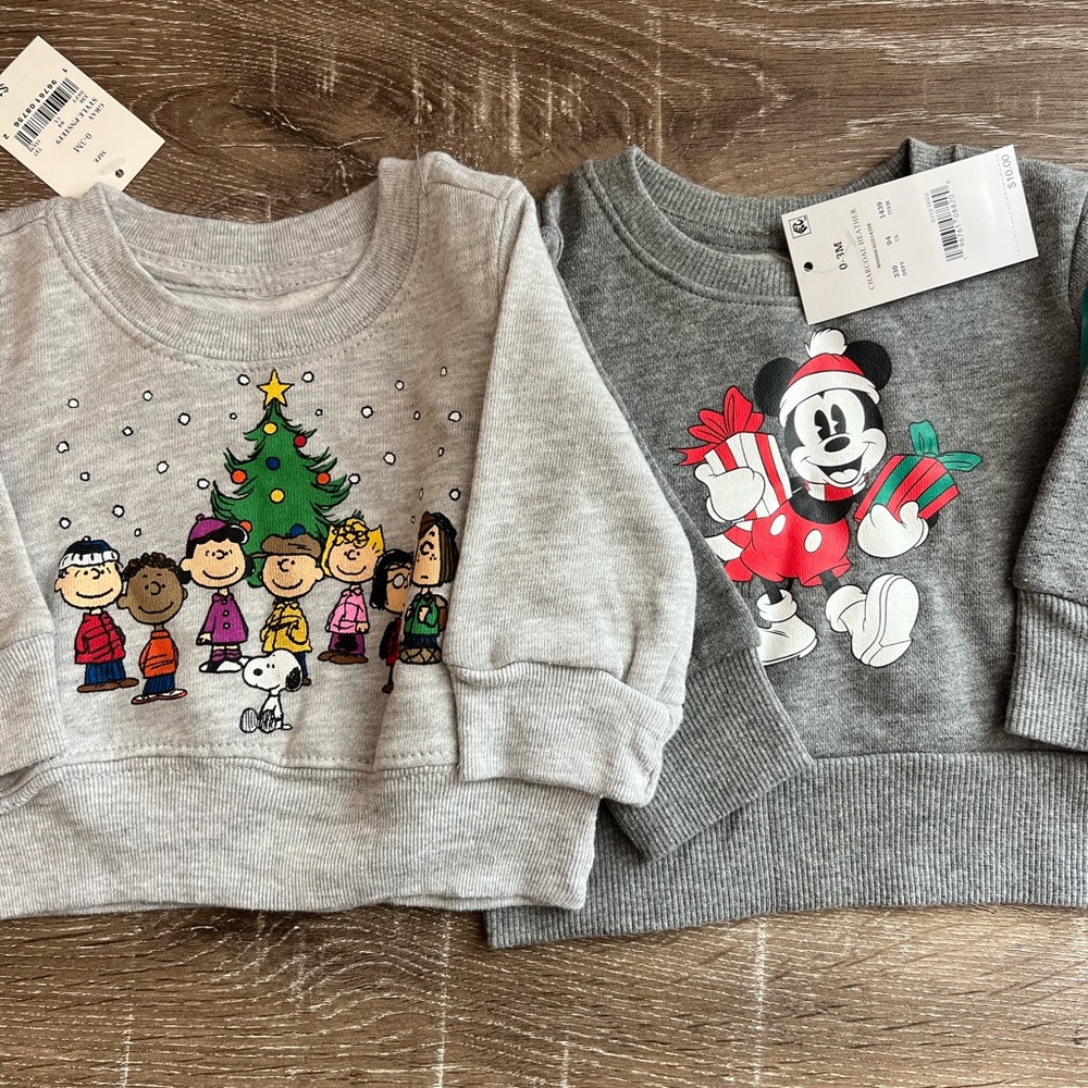 Peanuts/Mickey Mouse Christmas Sweatshirt Bundle Kids NWT
